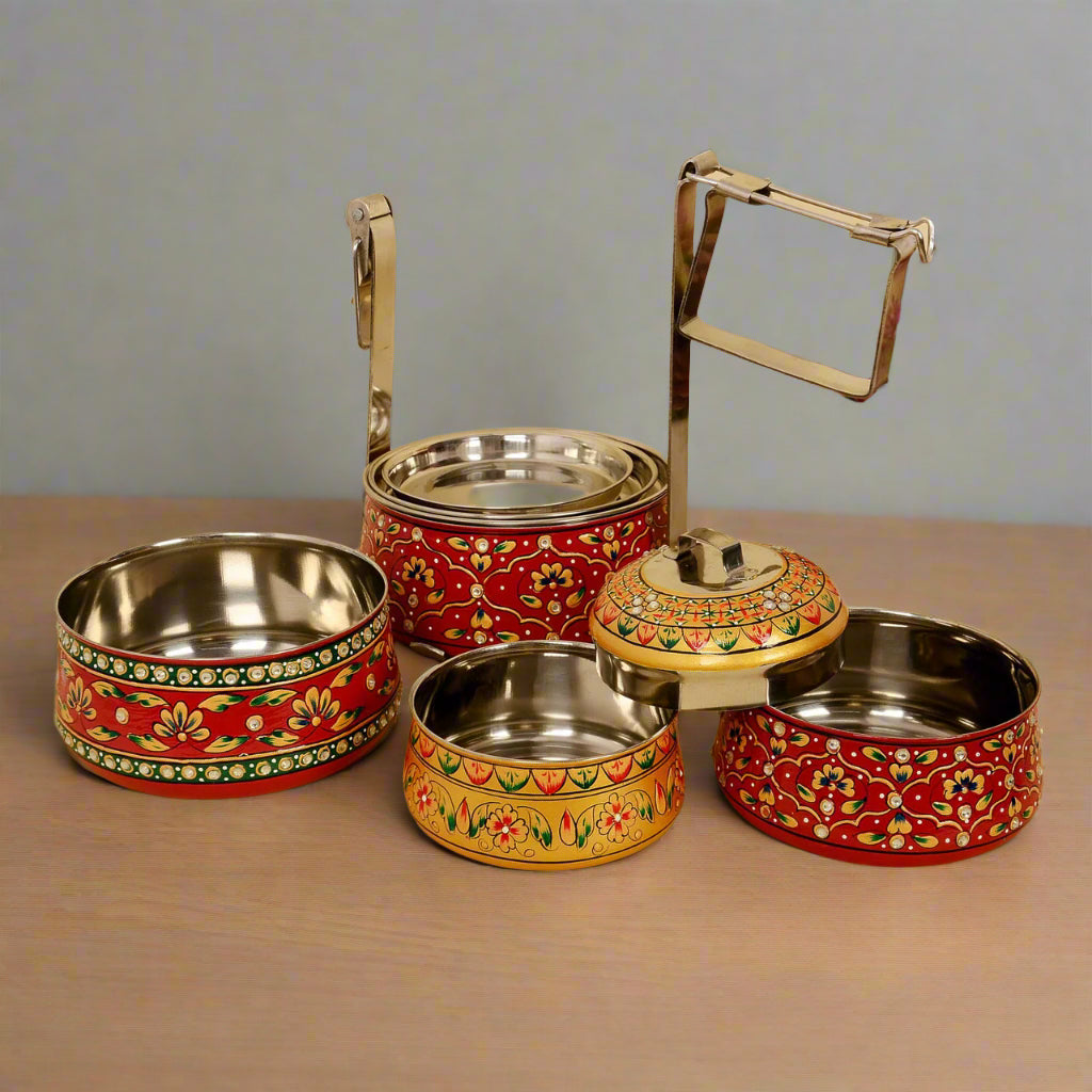 Hand-Painted 4-Tier Stainless Steel Lunch Box – golden and red Design Eco-Friendly tiffin box